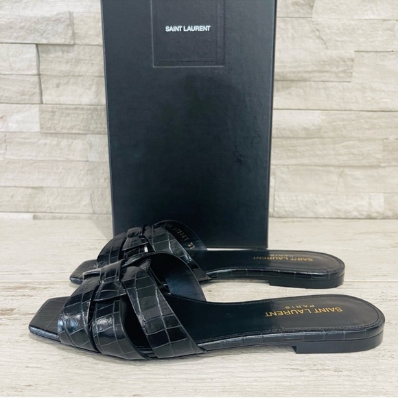 Saint Laurent Size 37 YSL Leather TRIBUTE Black Croc Embossed Flat Slide Sandals - Picture 2 of 13